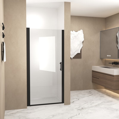 36"X 72" Matte Black Aluminum Half-Frame Pivot Shower Door – 1/4" Tempered Glass With Explosion-Proof Film, Ansi Z97.1 Certified & Space-Saving Design