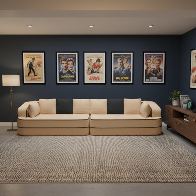 135" 4-Seat Teddy Fabric Home Theater Sectional Sofa, No Assembly, Fluffy Comfortable Couch with Contrast Piping in Caramel Tan