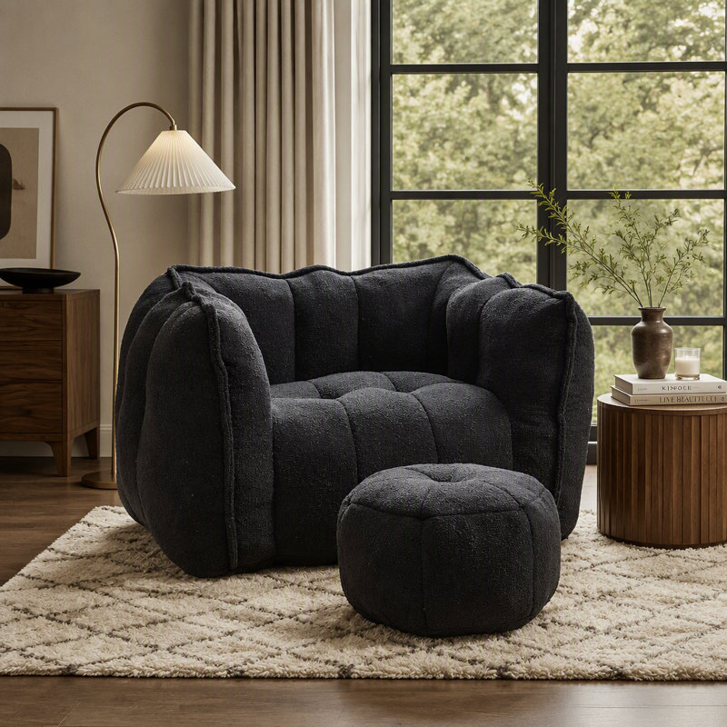 Fauteuil à billes Soft avec repose-pieds, Noir
