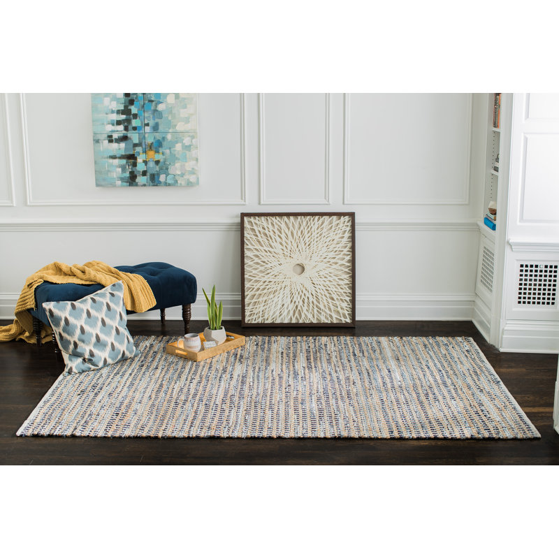 Tapis bleu en coton fait à la main Perryville, Rectangle 8 pi x 10 pi