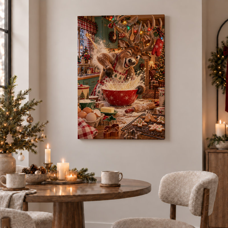 «Reindeer Splashing Flour in Kitchen Kitchen», art mural sur toile, H 36 po x l 24 po