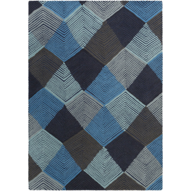 Tapis bleu ciel/gris clair en laine touffeté géométrique fait main Lena, Rectangle 9 pi x 12 pi