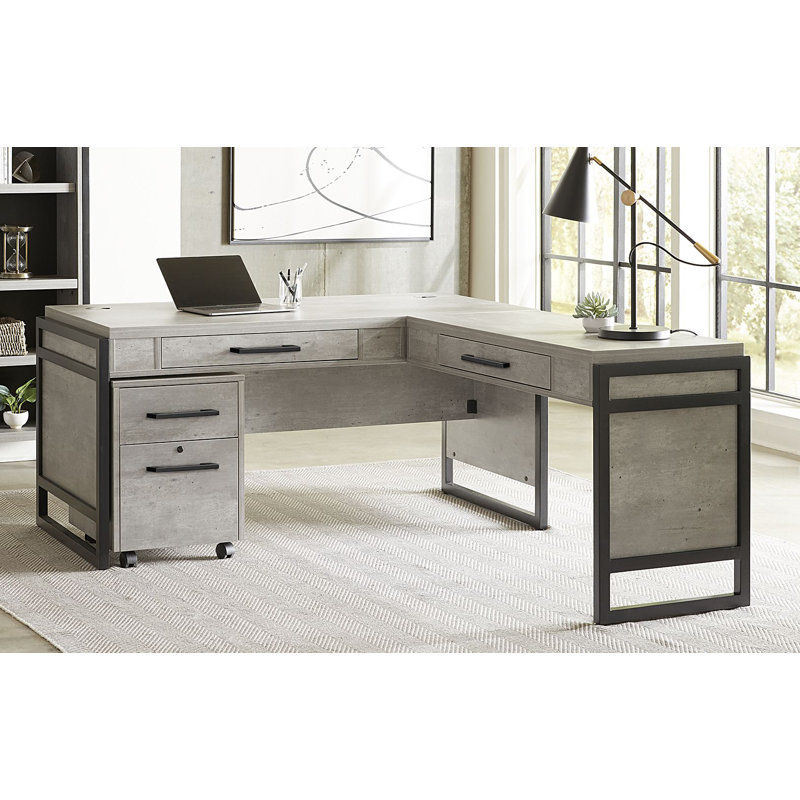 Triche L-Shaped Desk with Built-in Outlets, Gray/Black