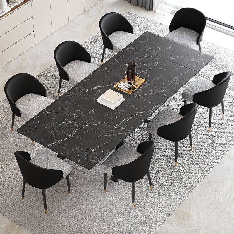 102'' Extendable Dining Table Set With Sintered Stone Dining Table And 8 Faux Leather Dining Chairs, Black, Black/Gray