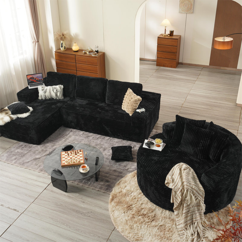 Ensemble de salon 3 pièces sans assemblage, canapé modulaire moderne avec causeuse et méridienne, Velours côtelé noir