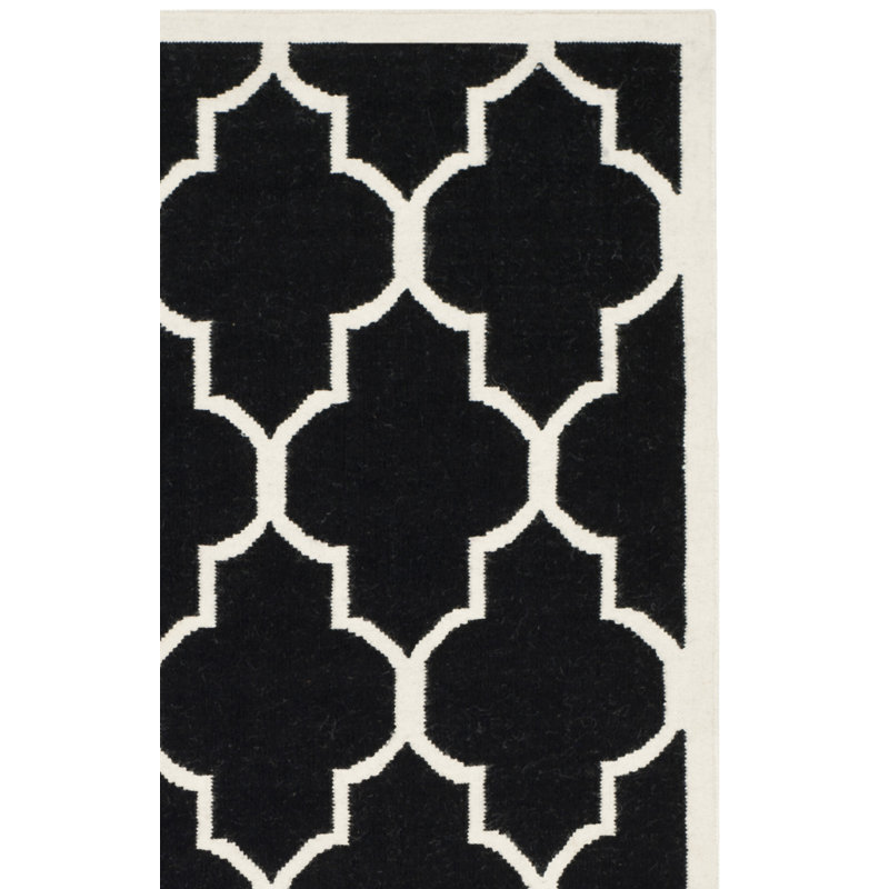 Rodgers Hand Woven Flat Weave Wool/Cotton Geometric Rug in Black/Ivory, Rectangle 4' x 6'