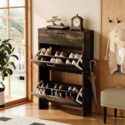  Slim Shoe Cabinet For Entryway, 24.8 Inch Wide With 2 Flip & 1 Drop-Down Drawers, Freestanding Dark Rustic Oak Wood Organizer