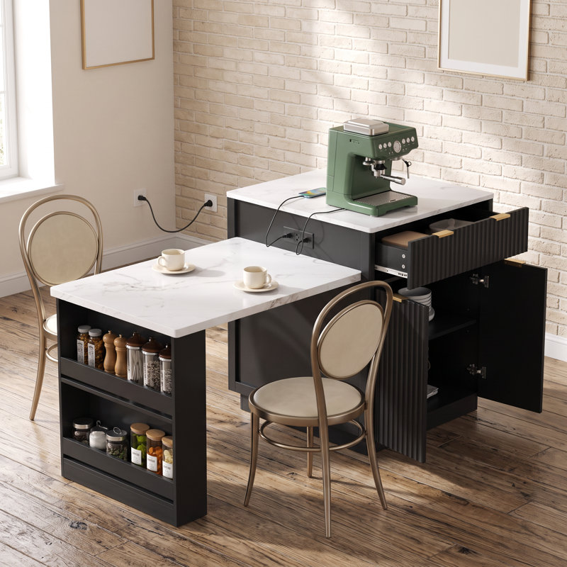 Îlot de cuisine noir cannelé de 83 pouces avec table à manger extensible et prise électrique, Noir