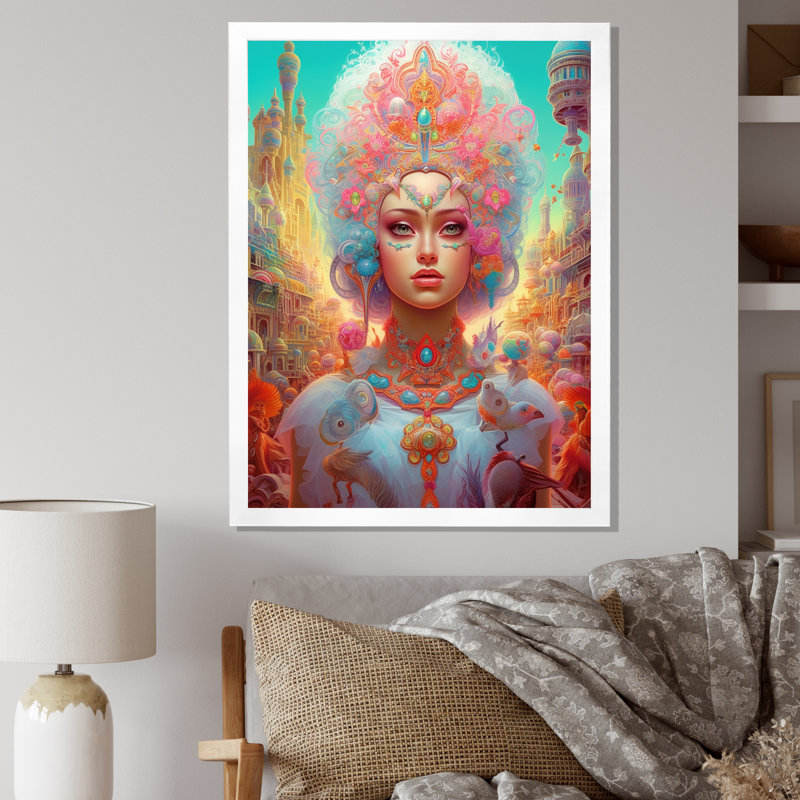 «Glorious Goddess» dans des pastels psychédéliques sur toile, Cadre simple blanc, H 44 po x l 34 po x P 1,5 po