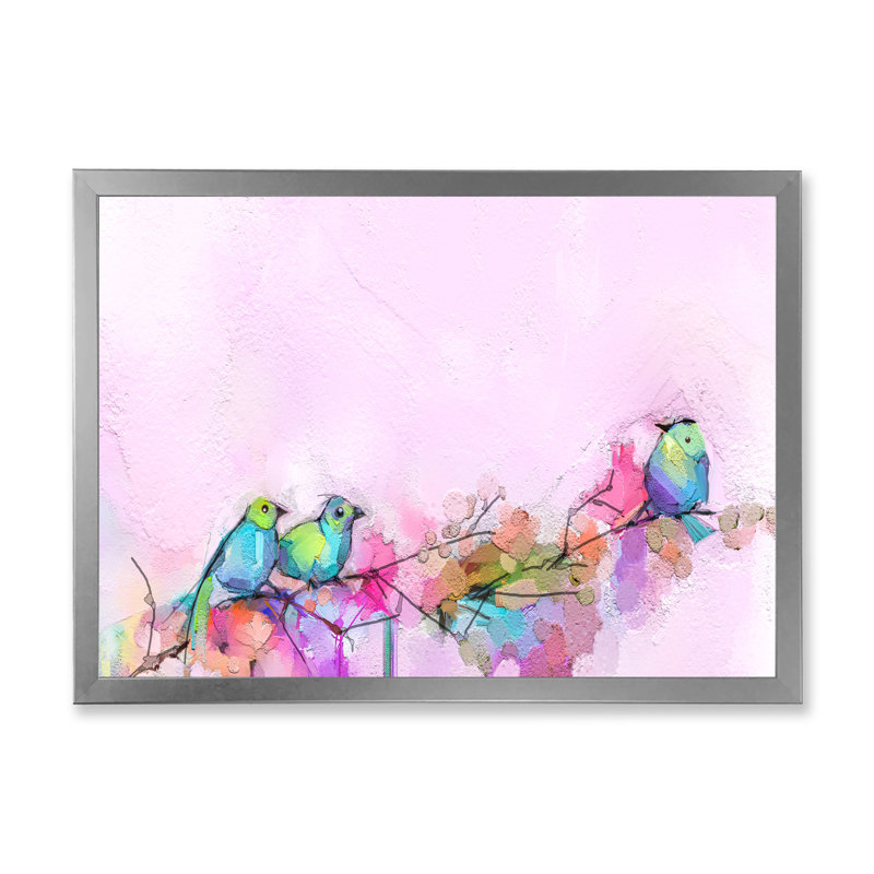 Pinceau rose et oiseaux mauves - reproduction sur toile avec cadre flottant, H 12 po x l 20 po x P 1 po, Cadre photo argenté