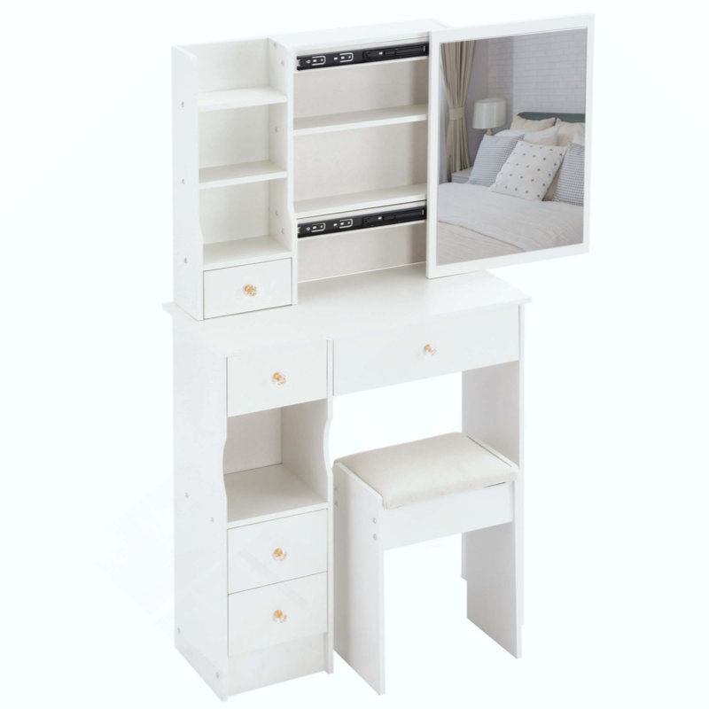 Small Space Left Drawer Desktop Vanity Table + Cushioned Stool, Extra Large Right Sliding Mirror, Multi Layer High Capacity Storage, Practical Fashionable Dresser, Suitable For Small Space