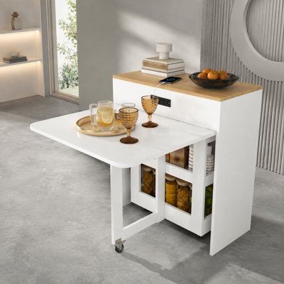 35.5-inch Space-Saving Extendable Dining Table (Features Power Outlet, Lockable Casters, and Storage; Made of MDF) – Ideal for Dining Rooms and Other Spaces