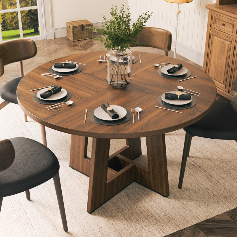 47'' Round Base Wood Farmhouse Dining Table for 4-6 People - Rustic Kitchen & Dining Room Table with Cross Legs, Brown