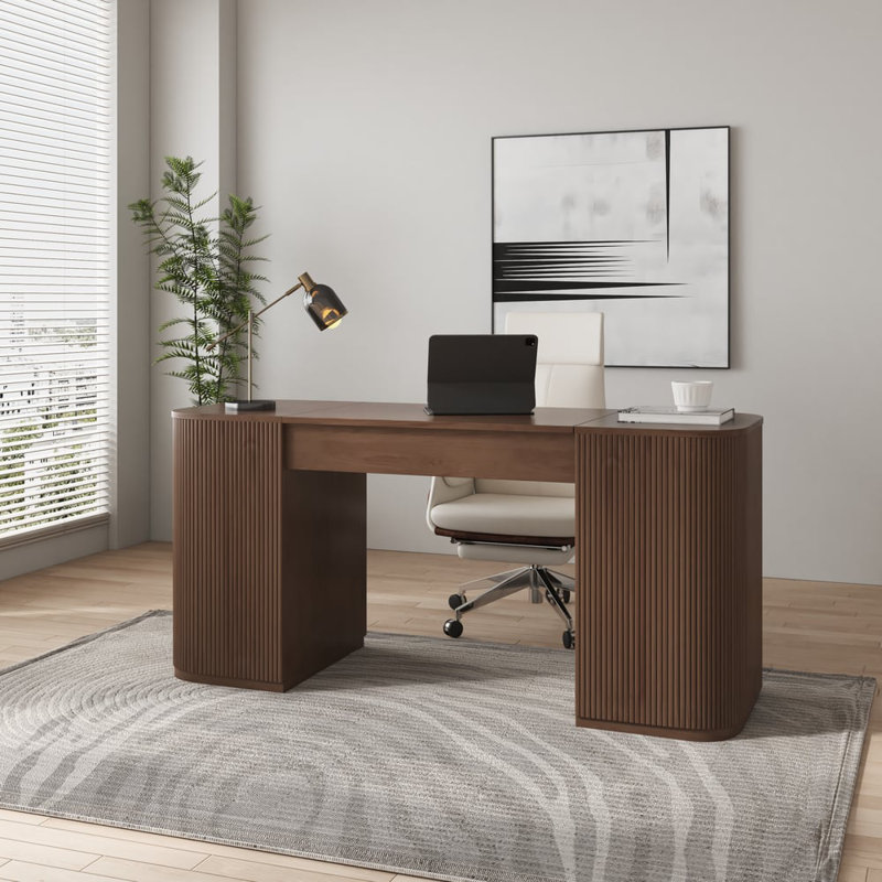 Modern Standing Writing Desk With 2 Doors & Ample Storage Office Desk, Walnut