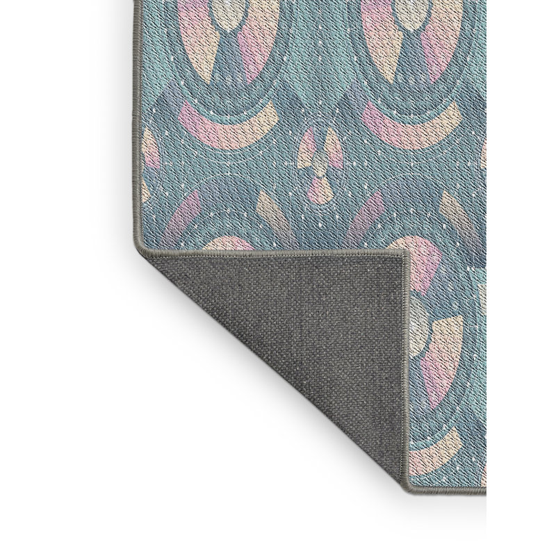 Tapis bleu/rose à motifs, Rectangle 4 pi x 6 pi