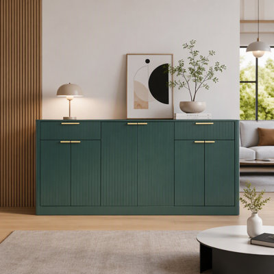 67″ Large Fluted Buffet Sideboard with 6 Doors and 2 Drawers in Dark Green, Modern Wine Bar Storage Cabinet with Rounded Corners and Heightened Base for Dining Room, Living Room, and Entryway