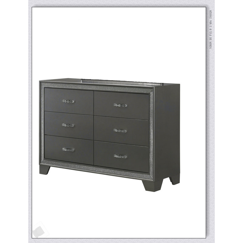 Commode 1 pièce contemporaine avec décor étincelant, six tiroirs, finition gris foncé pour un rangement élégant