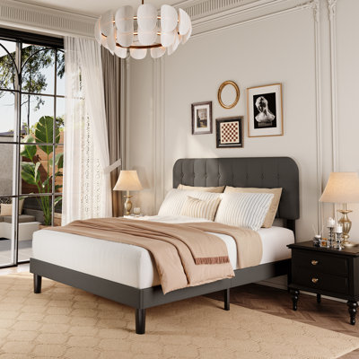Gizoon Tufted Headboard Bed: Wood & Metal Upholstered Low Profile Design + Adjustable tufted headboard