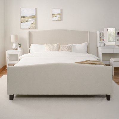 Structure de lit très grand avec tête de lit tapissier à dossier haut de 49,21 po et pied de lit de 27,17 po de hauteur, velours en peluche, support à 12 lattes, pieds en bois massif, sans sommier tapissier (blanc ivoire)