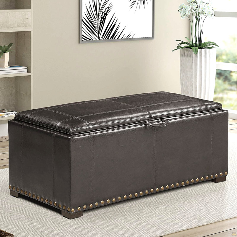 Leather Storage Bench With 2 Black Side Ottomans, To Table, Ideal For Living Room, Nail Heads Ornament, 16" H X 39.68" W 40" D Bench, 13" 13.5" Ottomans Can Convert Suitable Appearance,