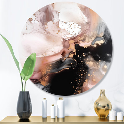 Pink Gold Texture Splash Marble II - Abstract Marble Round Wall Art on Metal