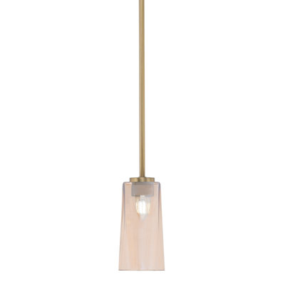 Mini suspension Nicomedes Stem Hung présentée en finition laiton New Age avec verre ambré dégradé de 12,7 cm (L) x 24,8 cm (H).