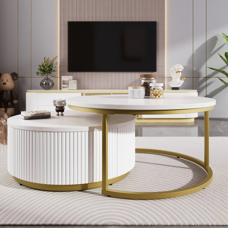 Table basse ronde emboîtable avec plateau et tiroir pratique en blanc et or, Blanc