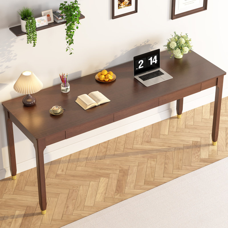 100% Solid Wood Desk 63" Mid Century Modern Desk With 3 Drawers Large 2 Person Vintage Writing Desk Simple Wooden Table For Restaurants, Home, Offices