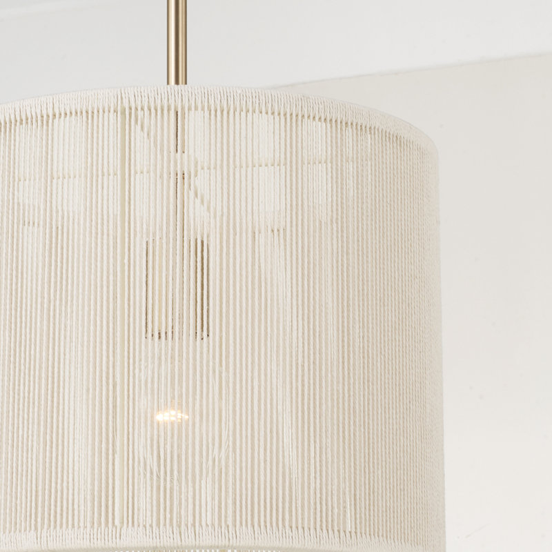 12" W x 10" H 1-Light Handcrafted Drum Pendant in Matte Brass with Hand-wrapped Bleached Natural Rope, 12"W x 10"H