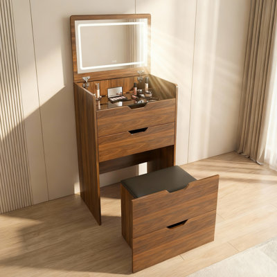 3-in-1 Vanity Desk Set with Flip Top Mirror, 3-Drawers, Makeup Dressing Table with Dimmable LED & Stool for Bedroom Bathroom