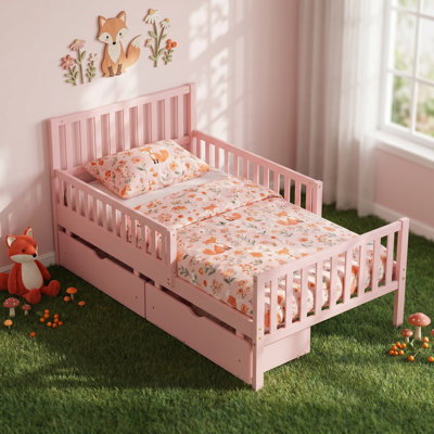 Lit simple: lit pour tout-petits en bois de pin rose avec rails de clôture de sécurité et 2 tiroirs de rangement sous le lit