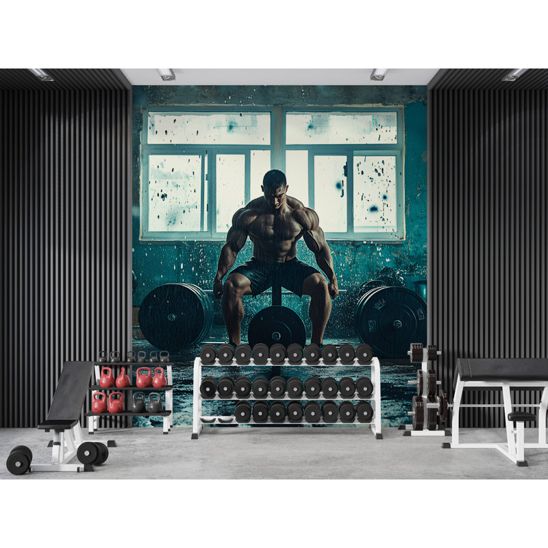 Papier peint Intense Gym Training - Murale de musculation avec scène Powerlifting, L 144 po x l 100 po, Peler et coller