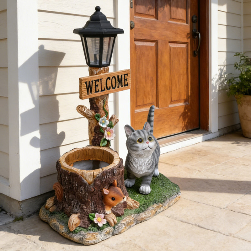Statue de jardin à énergie solaire pour chat avec jardinière