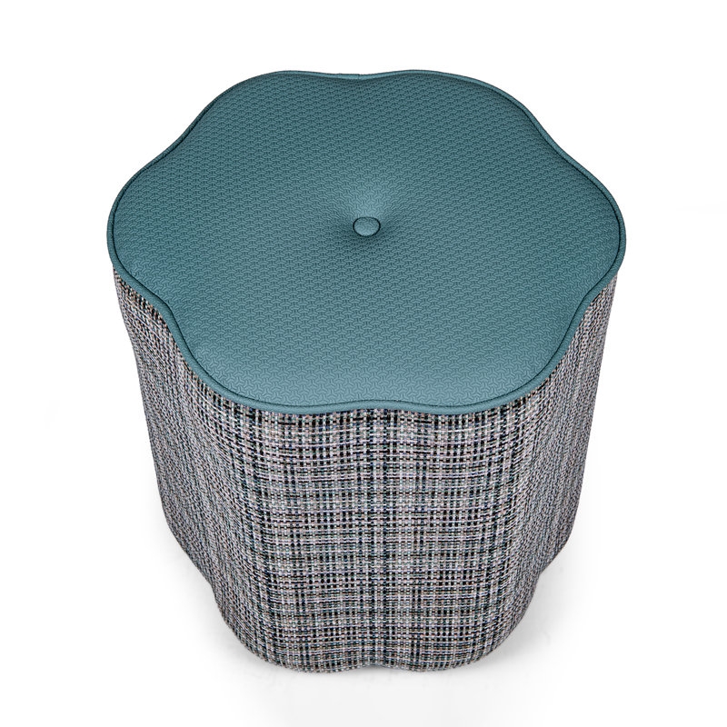 Fully Assembled Faux Leather and Textured Basketweave Round Ottoman, Green