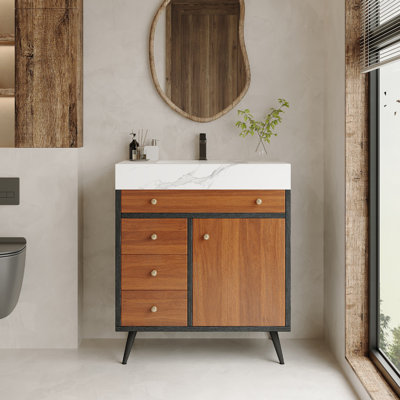 Meuble-lavabo autoportant moderne avec lavabo en céramique et plateau en pierre frittée