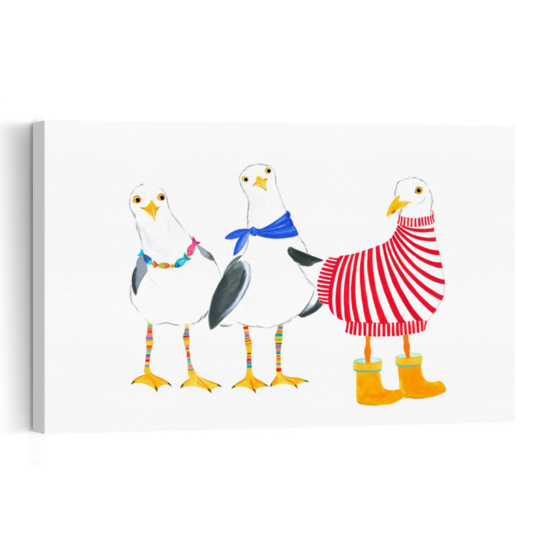 Seagull Fashion Parade Colorful Playful Whimsical Seagull Bird Ocean Beach Wall Art Print by Isabelle Brent - Wrapped Canvas Print