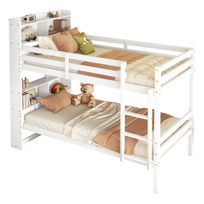 Twin Over Twin Bunk Bed with Shelves , Rubber Wood Bed with Shelves Headboard, Safety Guardrails and Ladder, Convertible to 2 Beds,White