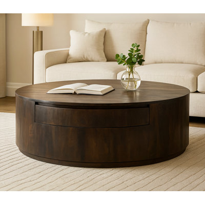 Katina 2-drawers Round Cocktail Table In Barista Brown On Solid Wood