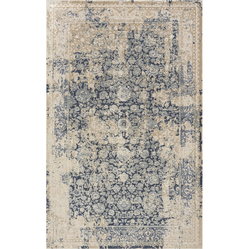 Tapis bleu / gris à motif floral Ophelia Lux, Rectangle de 5 pi x 8 pi
