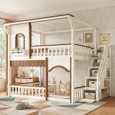 House Bunk Bed with Storage Stairs, Playhouse Design, Side Bookshelf, Convertible Lower Space, Solid Wood Frame