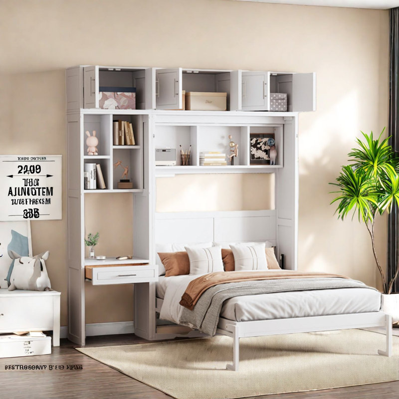 Lit escamotable mural peu encombrant avec bureau, bois aggloméré, style moderne pour la maison