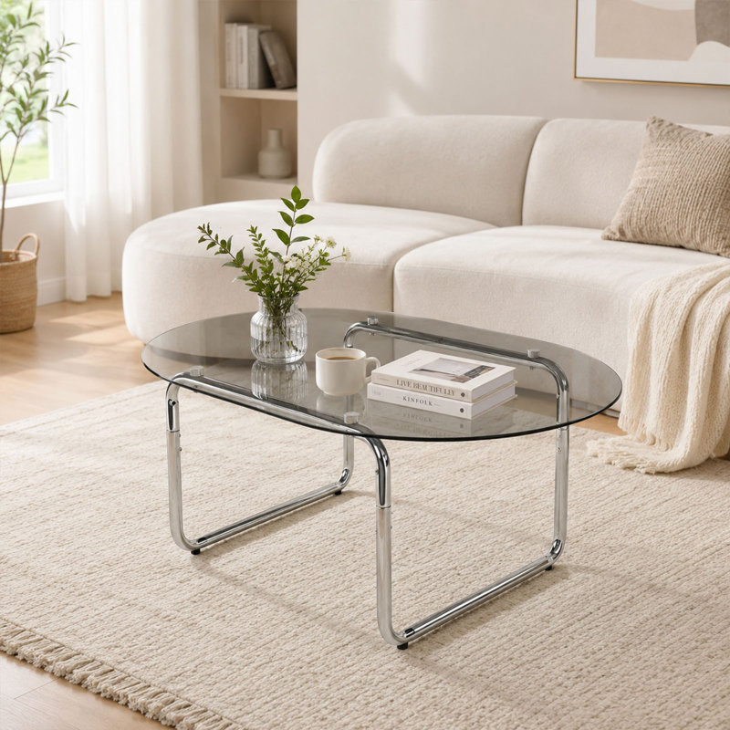 Table basse 35,43 x 23,62 ovale en verre trempé gris avec pieds en métal Home Center