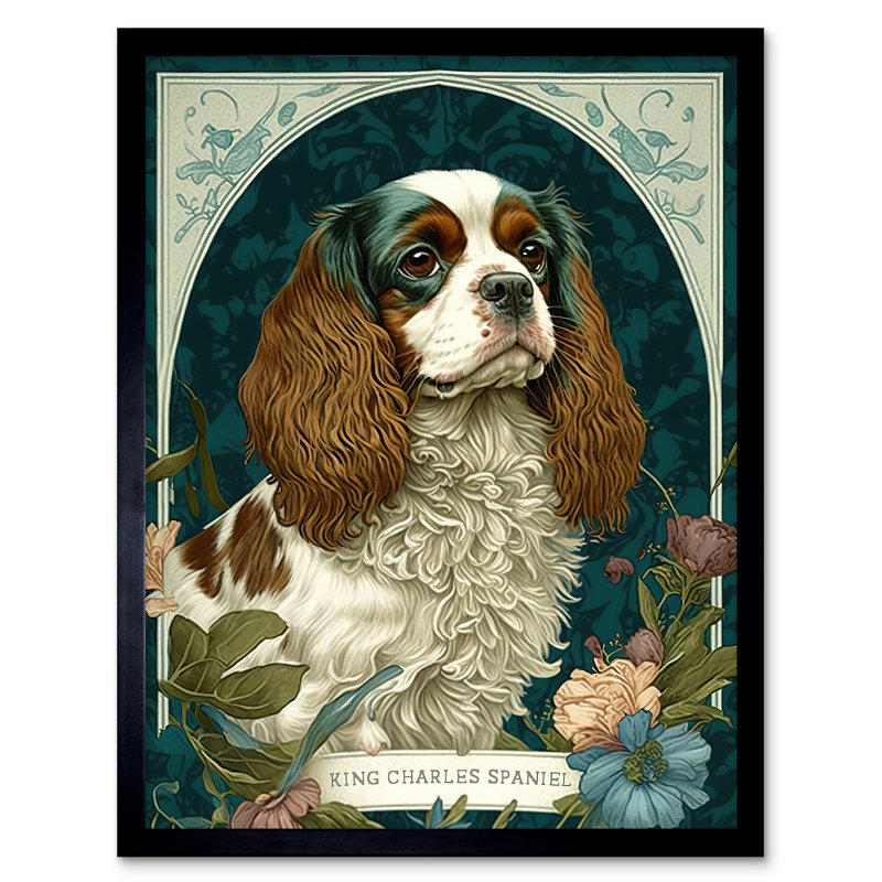 King Charles Spaniel Dog With Flower Blooms Modern Nouveau - Single Picture Frame Print