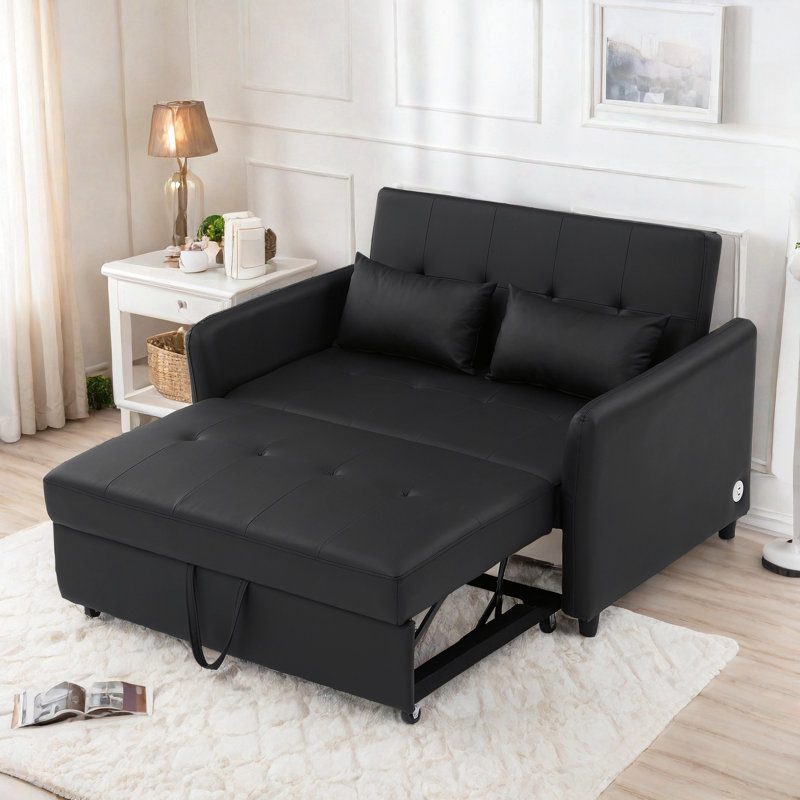 Canapé-lit Lennie avec ports USB, poignée portative, dossier réglable et 2 coussins, Noir, noir, noir, noir
