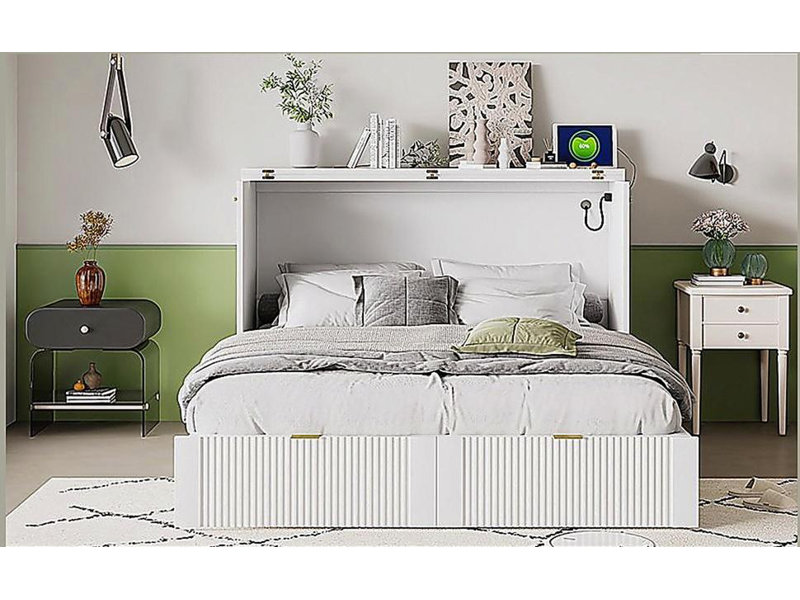 Un lit escamotable élargi avec tiroirs et un ensemble de prises de courant avec ports USB, avec une structure à roulettes, blanc