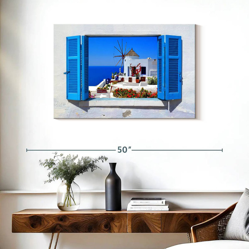 Ravi Oia Windmill Window View, 24" H x 36" W