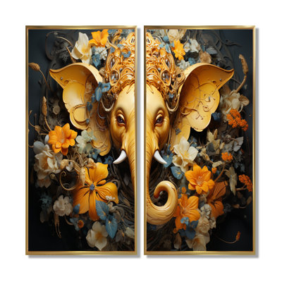 «Hindu Ganesha Elephant Dog Curmeric Tints» - Art mural de l'hindouisme, ensemble de 2 impressions sur toile spirituelles jaunes