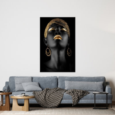 African Woman Abstract Art Canvas with Lips - Ethnic Black Woman Printed Artwork