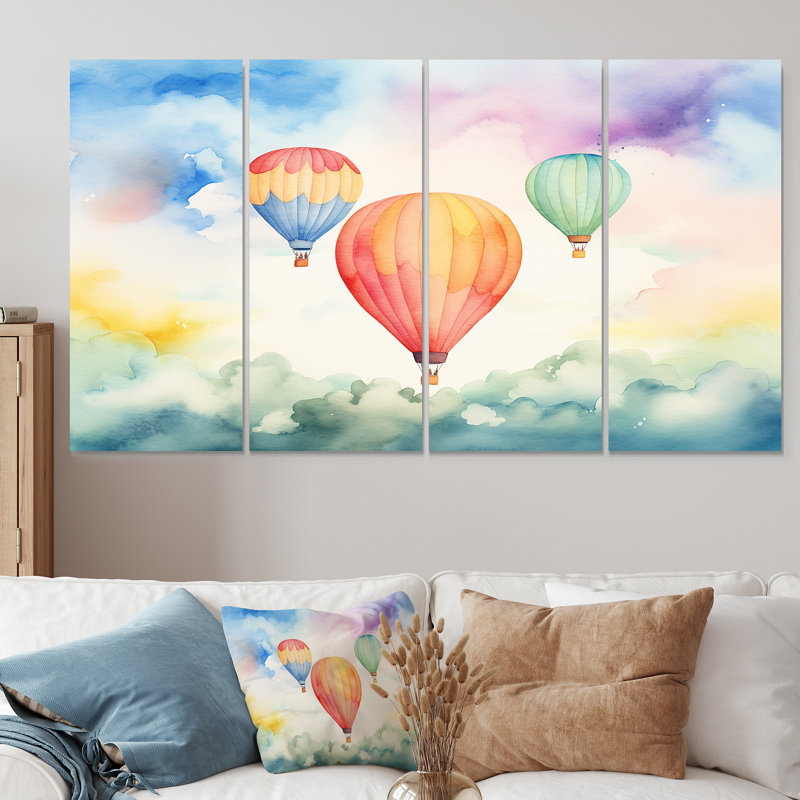 Aquarelle verte et rouge montgolfière Horizon III - montgolfière, 4 pièces, décoration murale, H 28 po x l 48 po