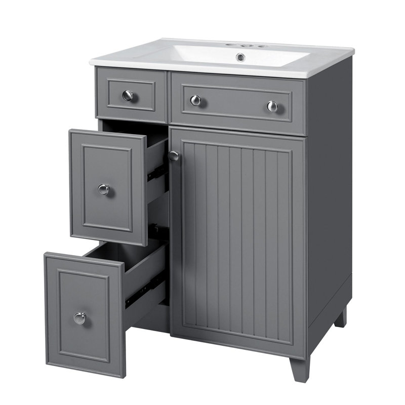 Meuble-lavabo autoportant de 24 po avec lavabo en céramique, Gris/argent